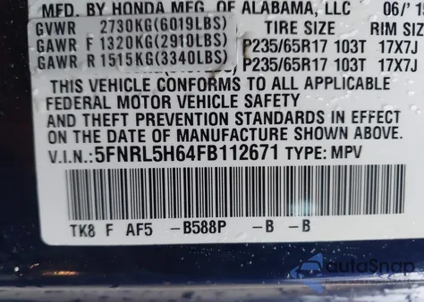 2015 Honda Odyssey Ex-L из США, поврежденный, VIN 5FNRL5H64FB112671